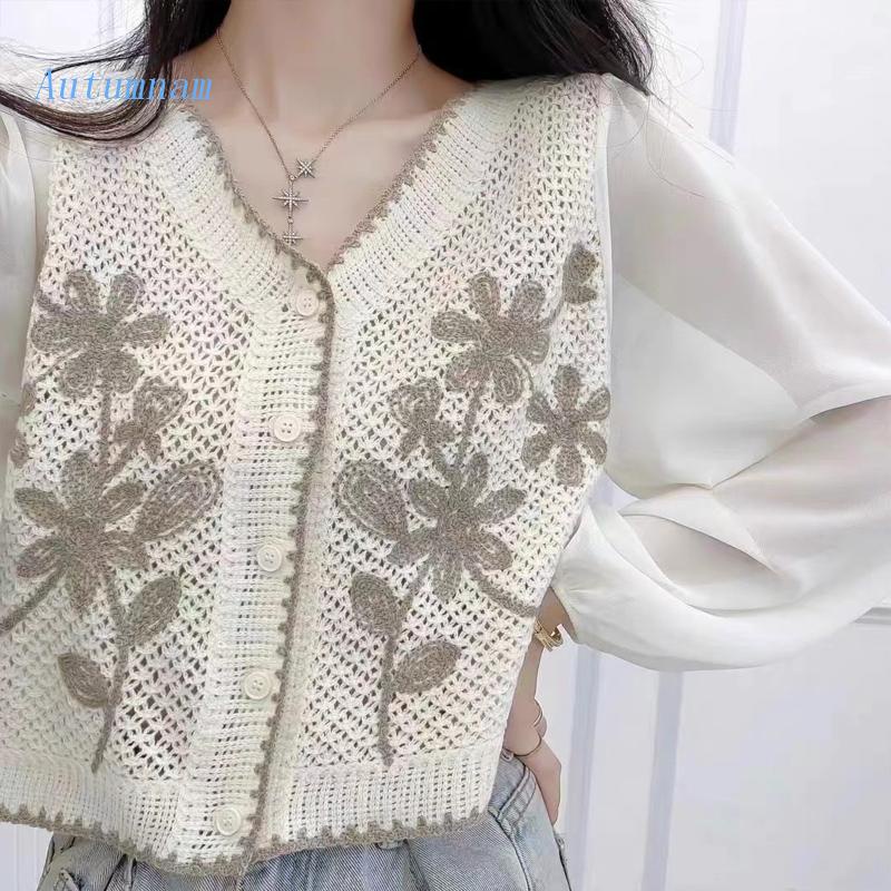 Áo Khoác Chiffon Dệt Kim Tay Dài Cổ Chữ V Cài Nút In Hoa Kiểu Pháp Cho Nữ
