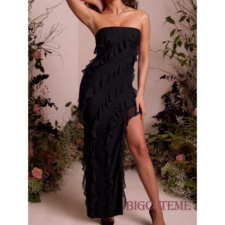 Đầm Hai Dây Ôm Dáng Hở Lưng Nhún Bèo Màu Trơn Thời Trang Cho Nữ