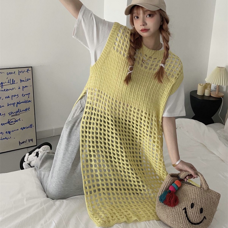 SUXI Áo Dệt Kim Sát Nách Dáng Dài Khoét Lỗ Thời Trang Hàn Quốc Cho Nữ