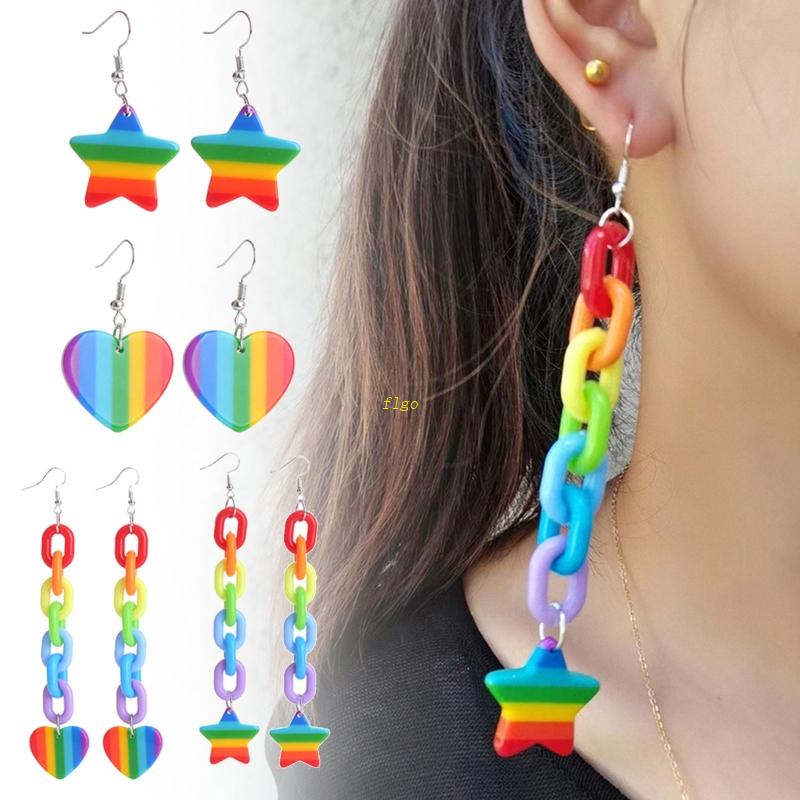 Bông Tai Dạng Móc Bằng Acrylic Phối Dây Xích Gọn Nhẹ Màu Cầu Vồng Thời Trang