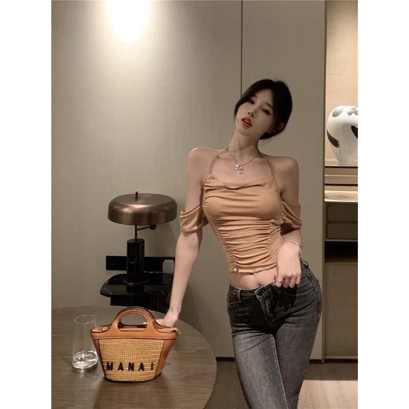 Áo Croptop Trễ Vai Ngắn Tay Thời Trang Mùa Hè Hàn Quốc Dành Cho Nữ