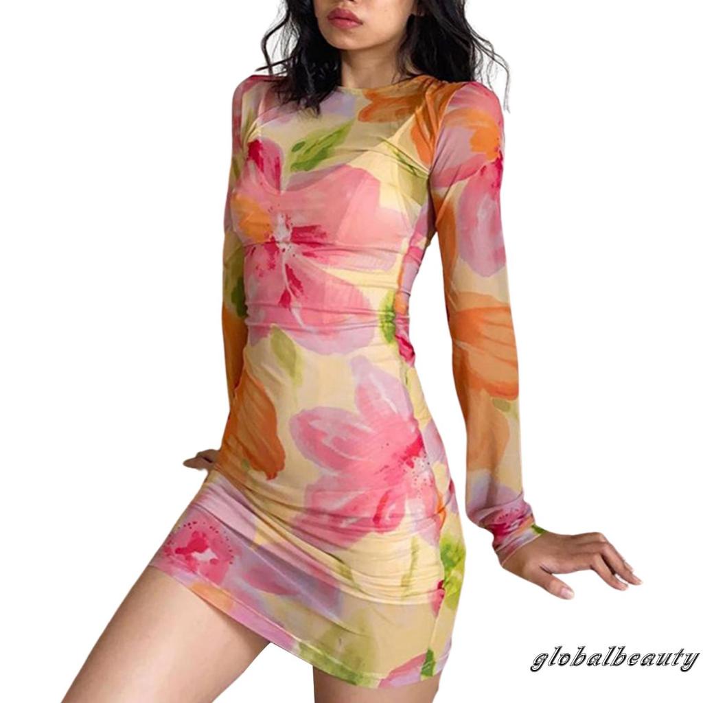 Đầm Ngắn Cổ Tròn Tay Dài Eo Cao Xuyên Thấu In Họa Tiết Hoa Cho Nữ