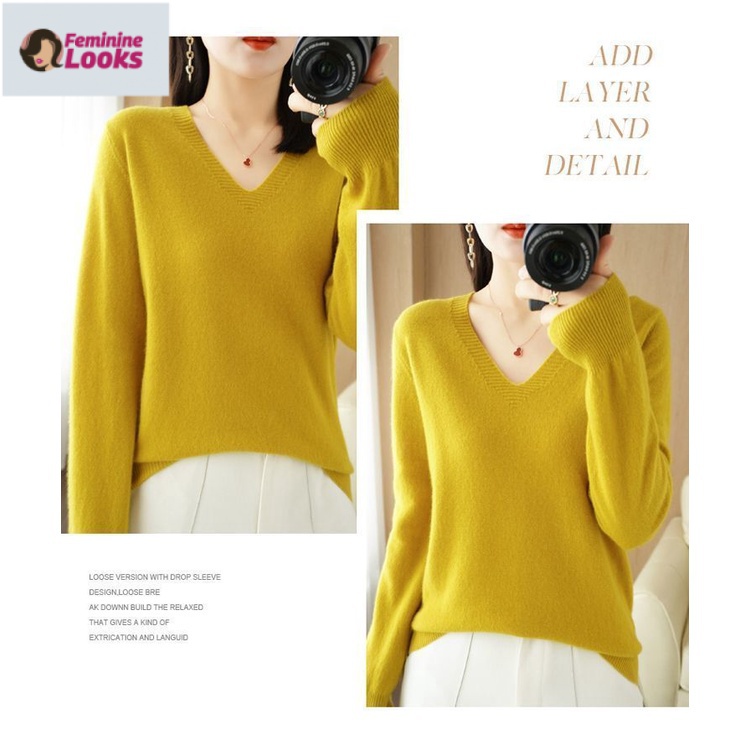Áo Sweater Tay Dài Cổ Chữ V Màu Sắc Đơn Giản Cho Nữ