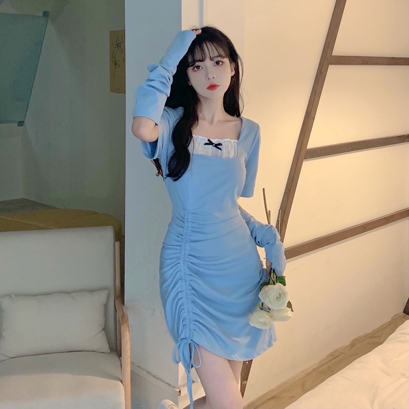 TINGYAXIU Đầm Ngắn Tay Phối Dây Rút Phong Cách Trẻ Trung Dành Cho Nữ