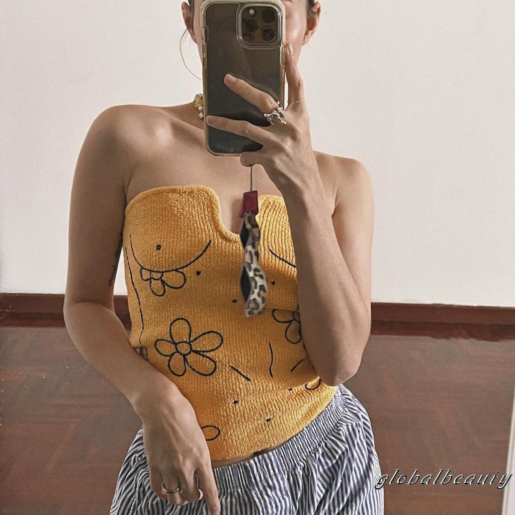 Áo Ống Dệt Kim Không Dây Cổ Chữ U Thêu Họa Tiết Thời Trang Mùa Hè Dành Cho Bạn Nữ