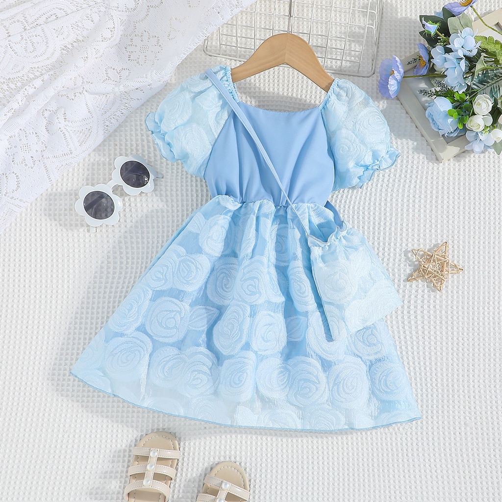 Váy bé gái 4-7 Tuổi Kiểu Công Chúa Thời Trang Mùa Hè Màu Xanh Dương Hoa Hồng Tay Phồng Dễ Thương Cho Cho Bé Gái Trẻ em Đầm đi biển