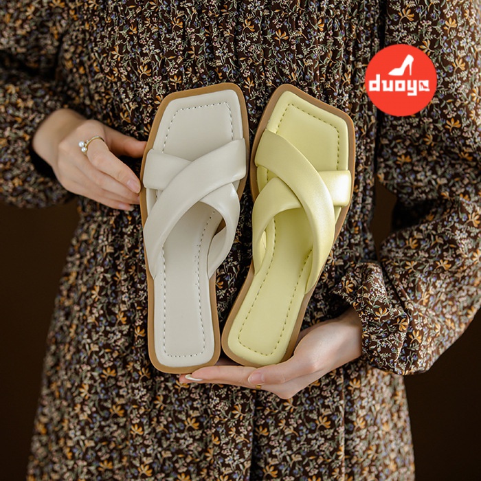 Duoya Tóc Thẳng ~ [Hàng Có Sẵn] Dép Sandal Hở Ngón Quai Chéo Đế Phẳng Phù Hợp Với Nhiều Màu Sắc