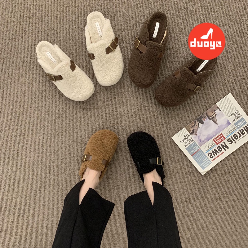 Dép Bít Mũi Phối Lông Xù Dày Dặn Phong Cách Nhật Bản Thời Trang Thu Đông 2022 Cho Nữ