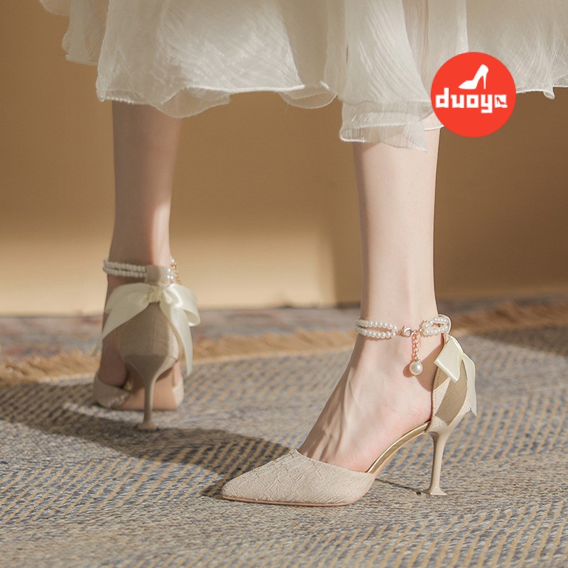 Duoya Tóc Thẳng ~ [Hàng Có Sẵn] Giày Cao Gót Mũi Nhọn Thắt Nơ Đính Ngọc Trai Mùa Xuân Hè Cho Phù Dâu Miễn Phí Vận Chuyển