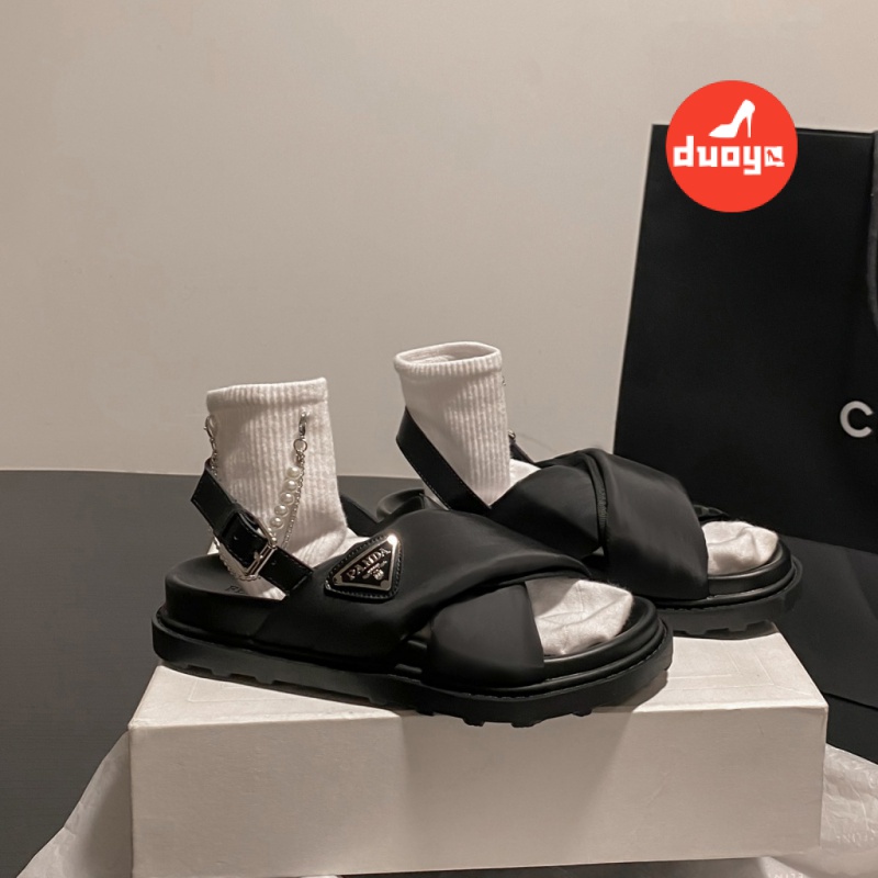 Duoya Tóc Thẳng ~ [Hàng Có Sẵn] Dép Sandal Đế Dày Quai Chéo Bằng Vải Da Thật Mềm Mại Logo Tam Giác Phong Cách Roman Cho Nữ Miễn Phí Vận Chuyển