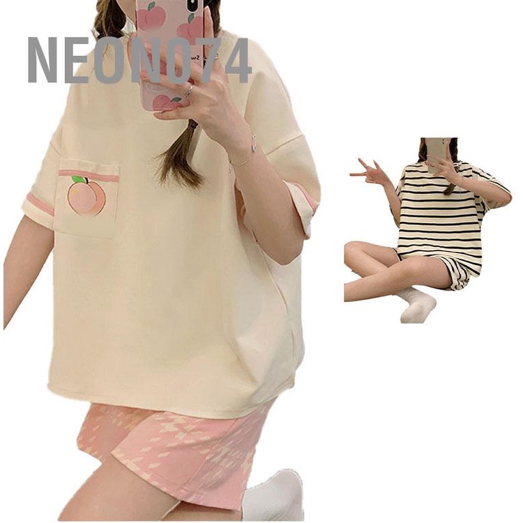 Neon074 Phụ Nữ Bộ Pyjama Tay Ngắn Cổ Tròn Chui Đầu Thoải Mái Hai Mảnh Đồ Ngủ Cho Mùa Hè Nhà Ngoài Trời