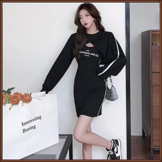 Bộ Đầm 2 Món Áo Thun Tay Dài Cổ Tròn + Đầm Sát Nách Lưng Cao Thời Trang Cho Nữ