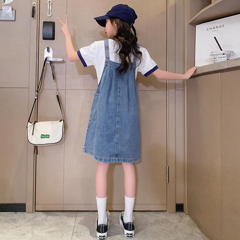 Set Áo Thun Cotton + Váy Yếm Denim Thời Trang Hè 2023 Cho Bé Gái 5-6 - 7-8 - 9-10 - 12-13 - 14-15 Tuổi