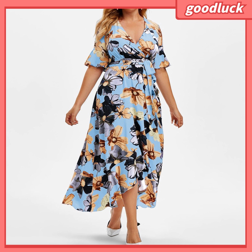 Đầm Tay Ngắn Cổ Chữ V Lưng Cao Cột Dây In Họa Tiết Hoa Phong Cách Bohemia Thời Trang Mùa Hè Cho Nữ