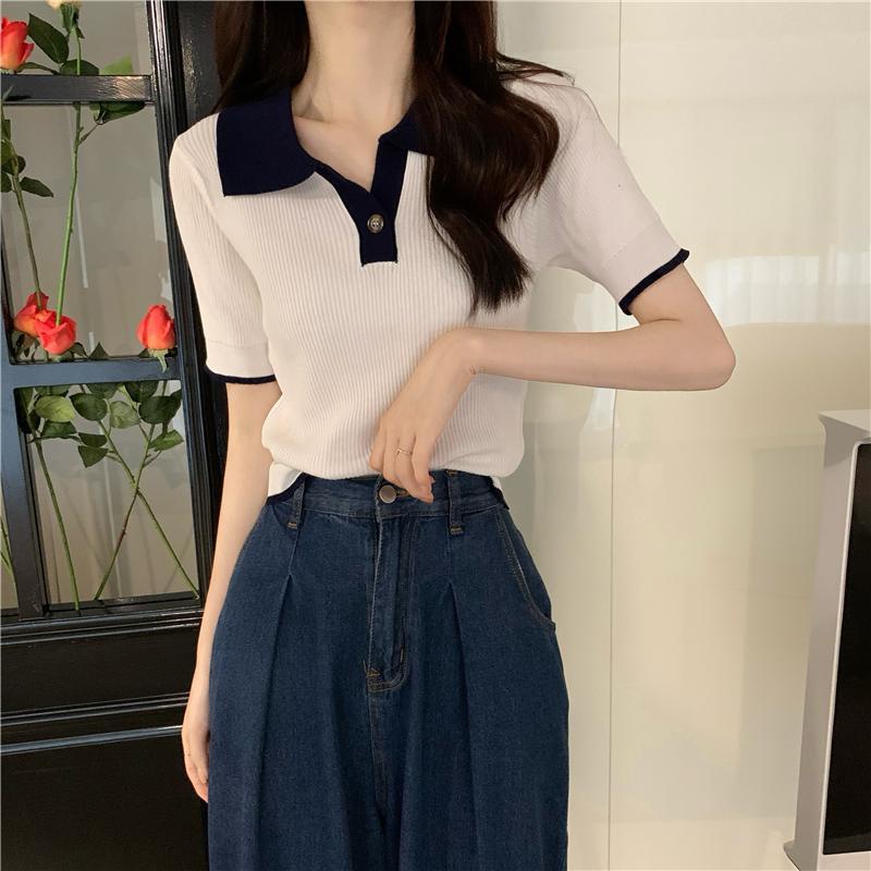 Áo Thun POLO Dệt Kim Tay Ngắn Màu Trơn Dáng Ôm Thời Trang Mùa Hè 2023