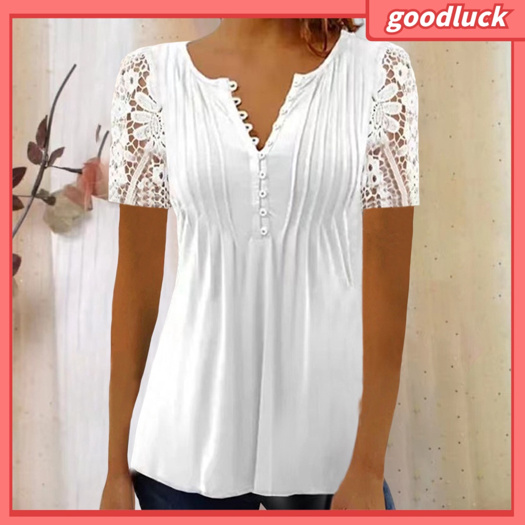 Áo Thun Tay Ngắn Cổ Chữ V Màu Trơn Phối Ren Lưới Xuyên Thấu Thời Trang Mùa Hè Cho Nữ