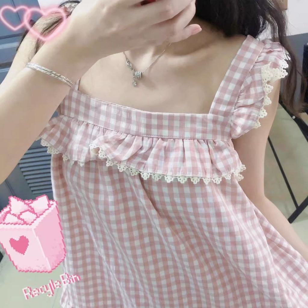 Bộ Đồ Ngủ Áo Hai Dây Phối Quần Short Họa Tiết Caro Ngọt Ngào Thời Trang Mùa Hè Cho Nữ