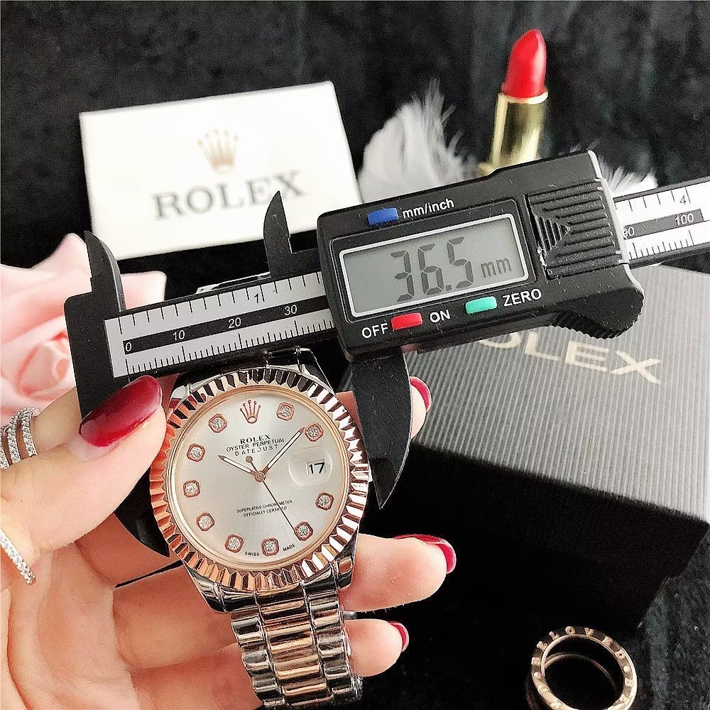 Đồng Hồ Rolex Mặt Tròn Đính Kim Cương Dây Da Thép Không Gỉ Thời Trang Cho Cặp Đôi