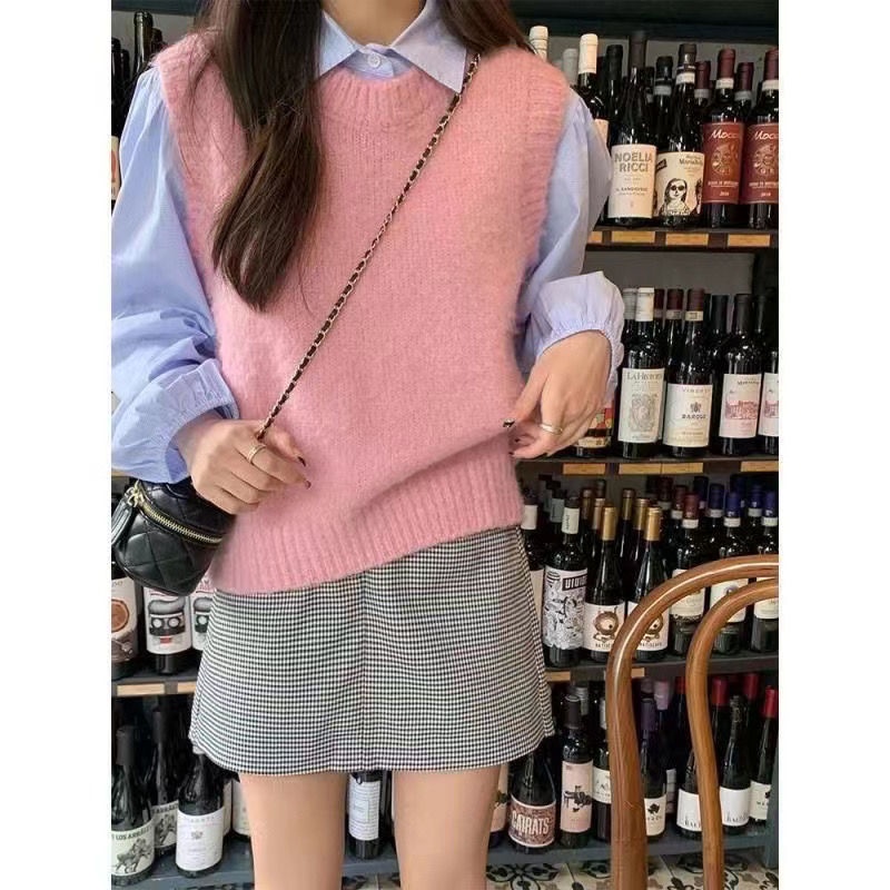 Áo Dệt Kim Sát Nách Cổ Tròn Màu Hồng Dễ Thương Cho Nữ