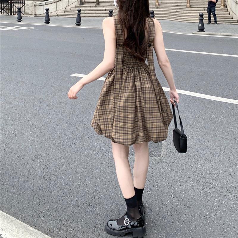 Đầm Hai Dây Ôm Eo Họa Tiết Sọc Caro Phong Cách Pháp Thời Trang Cao Cấp Cho Nữ