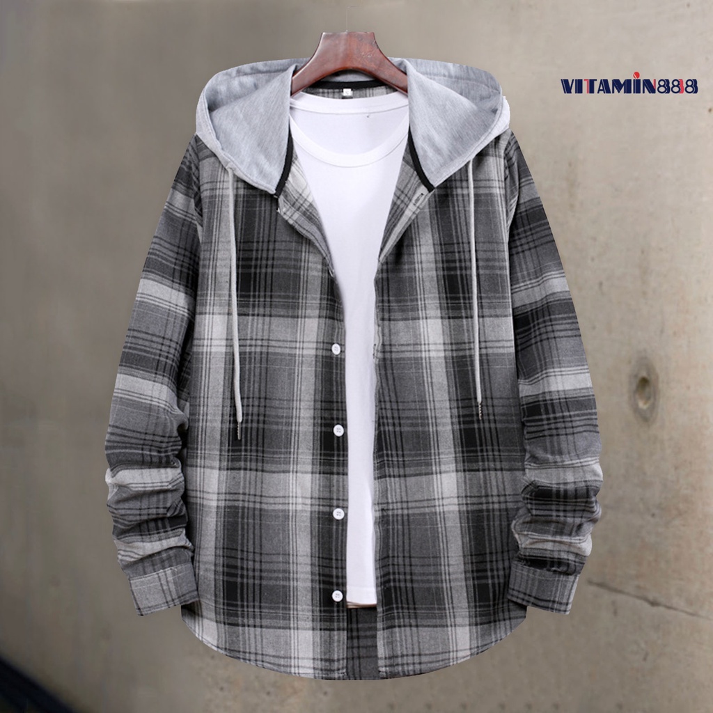 Áo Khoác Sơ Mi Tay Dài Có Mũ Trùm Đầu Dây Rút Một Hàng Nút Kẻ Sọc Caro Mùa Xuân Đường Phố Cho