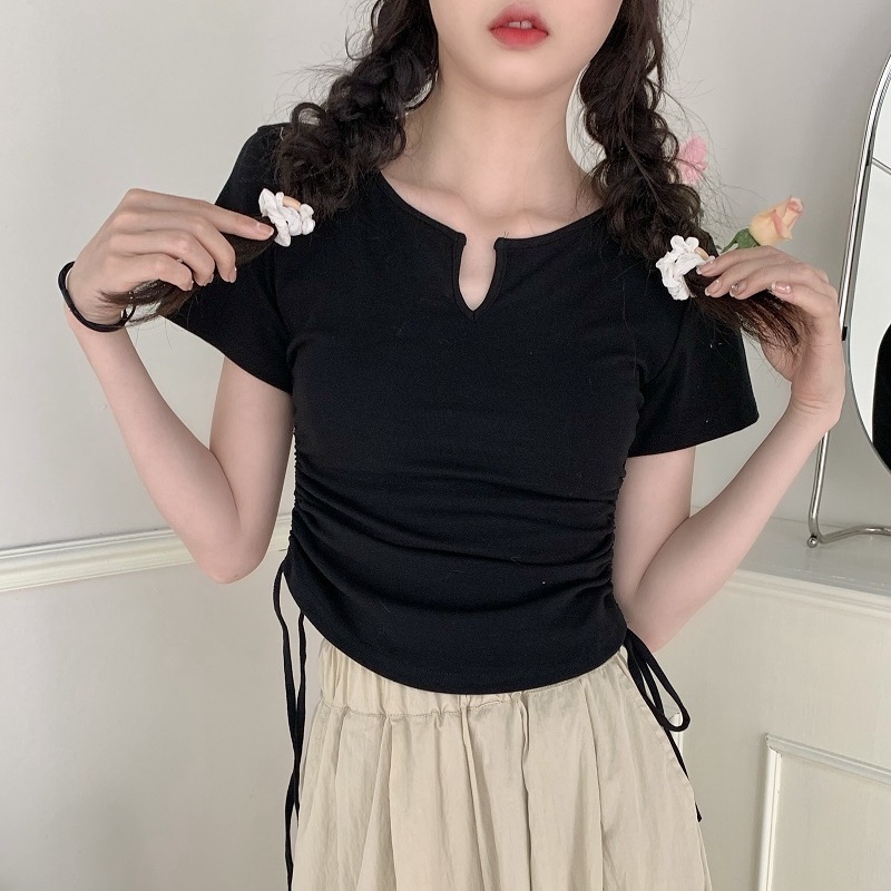 COZOK Áo Thun Ngắn Tay Cổ Chữ V Rút Dây Thời Trang Nữ