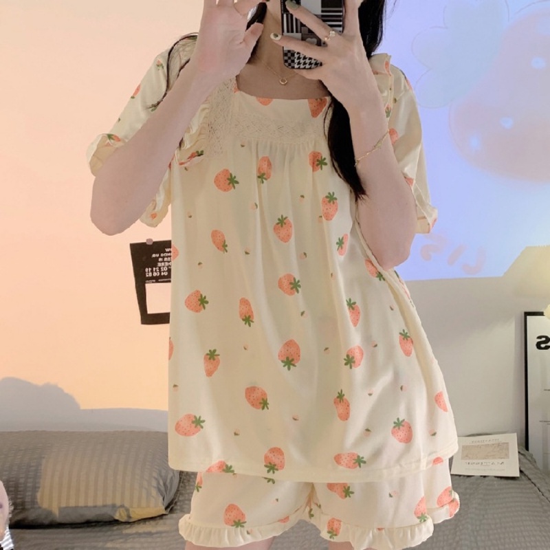 Bộ Đồ Ngủ Tay Ngắn Cổ Khóa Cài Hình Hoa Tulip Màu Sắc Retro Cao Cấp Dành Cho Nữ