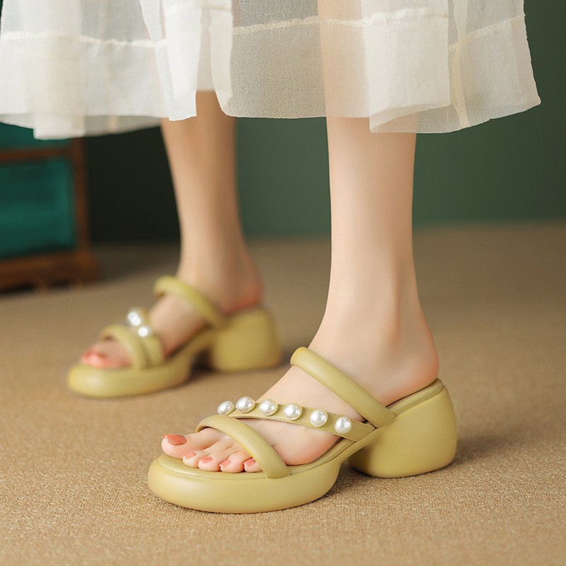 Duoya Tóc Thẳng ~ [Hàng Có Sẵn] Giày Sandal Đế Dày Hở Ngón Bằng Da Mềm Đính Hạt Thời Trang Nữ