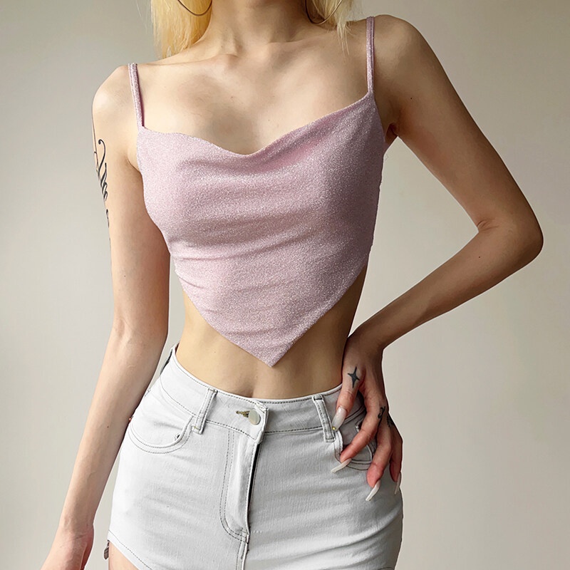 Kliou Áo Hai Dây Cổ Chữ V Màu Trơn Đính Sequin Lấp Lánh Thời Trang Mùa Hè 2023 Cho Bạn Gái