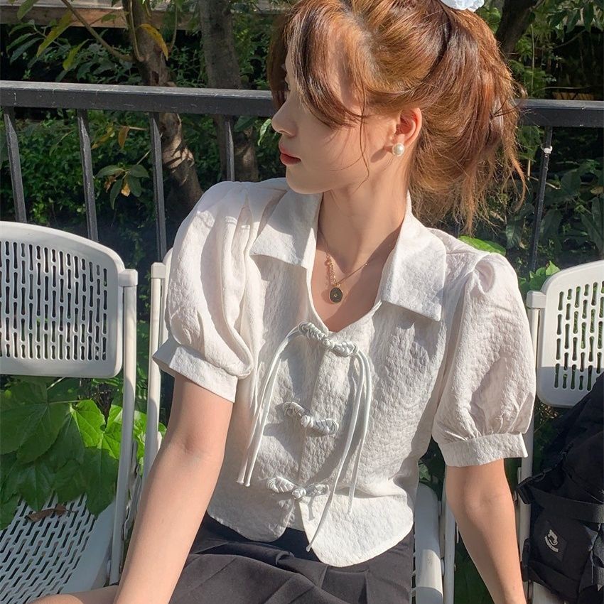 Áo Sơ Mi Tay Phồng Phối Nút Thời Trang Mùa Hè Vintage Dành Cho Nữ