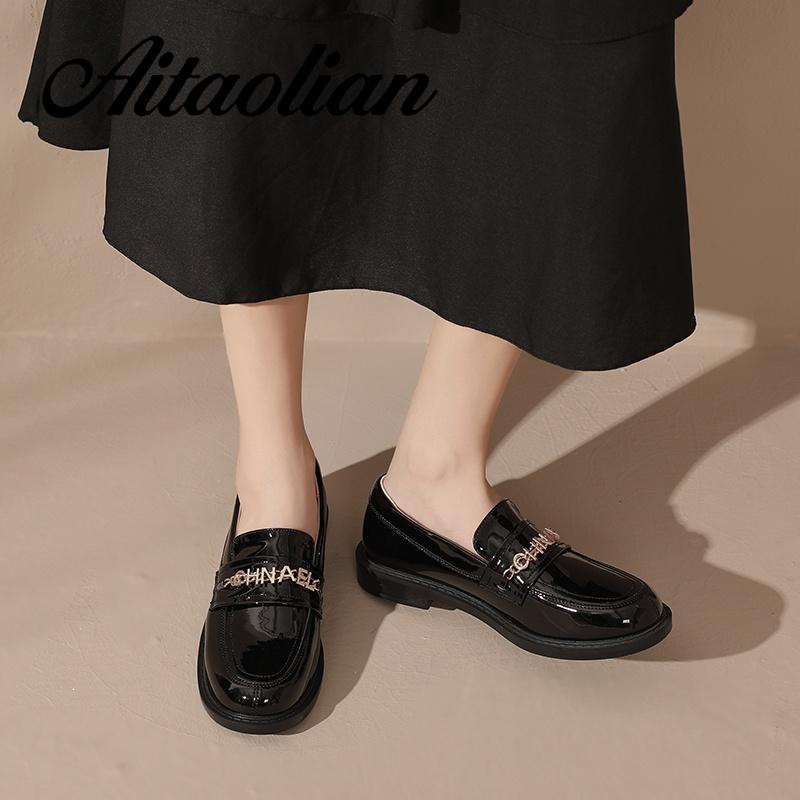 Giày Lười Da Bóng 3cm Mũi Tròn Phong Cách retro Anh Quốc Thời Trang