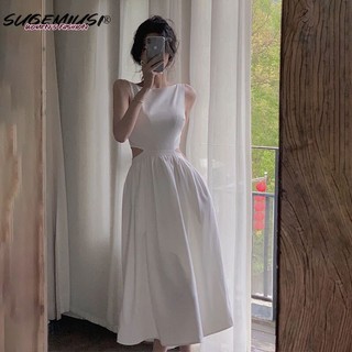 Đầm dài SUGEMIUSI không tay ôm eo mỏng nhẹ màu trắng trơn sang trọng thời trang mùa hè