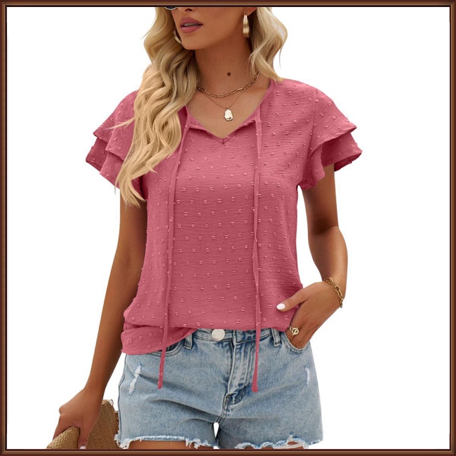 Áo Sơ Mi Chiffon Cổ Tròn Tay Ngắn Phối Bèo Và Quả Bông Thời Trang Mùa Hè Cho Nữ