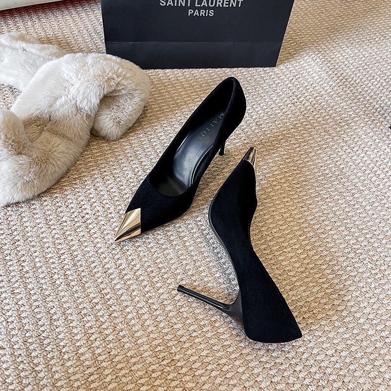 Giày Cao Gót Mũi Nhọn Màu Đen Bằng Kim Loại Thời Trang Dành Cho Nữ