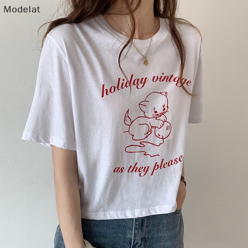 Áo Thun Croptop Tay Ngắn Cổ Tròn In Họa Tiết Mèo Hoạt Hình Thời Trang Mùa Hè Xinh Xắn Cho Nữ