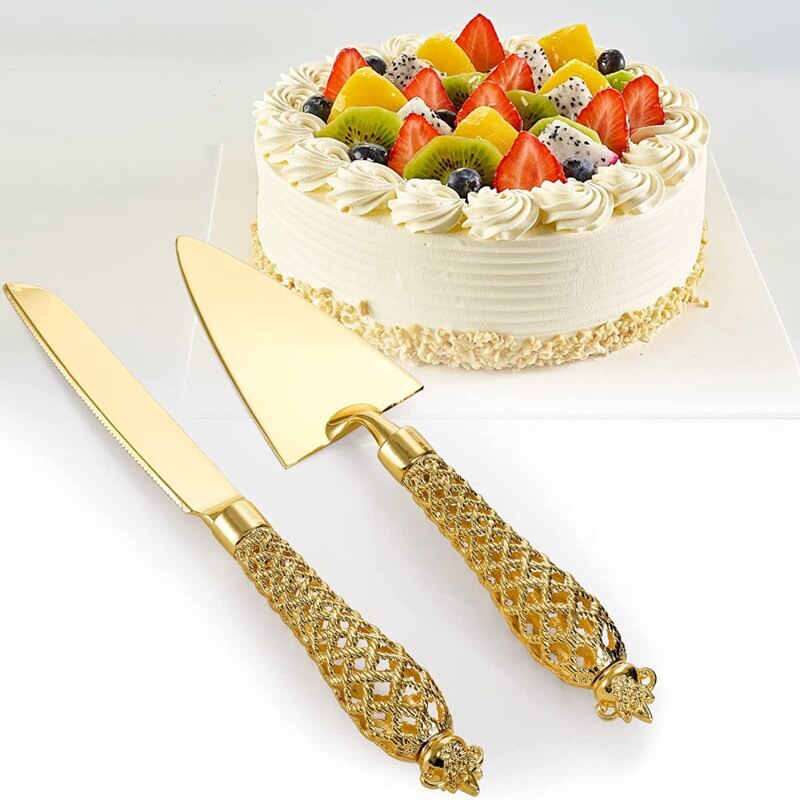 Set 2 Dao Cắt Bánh Kem Trang Trí Màu Vàng Kim