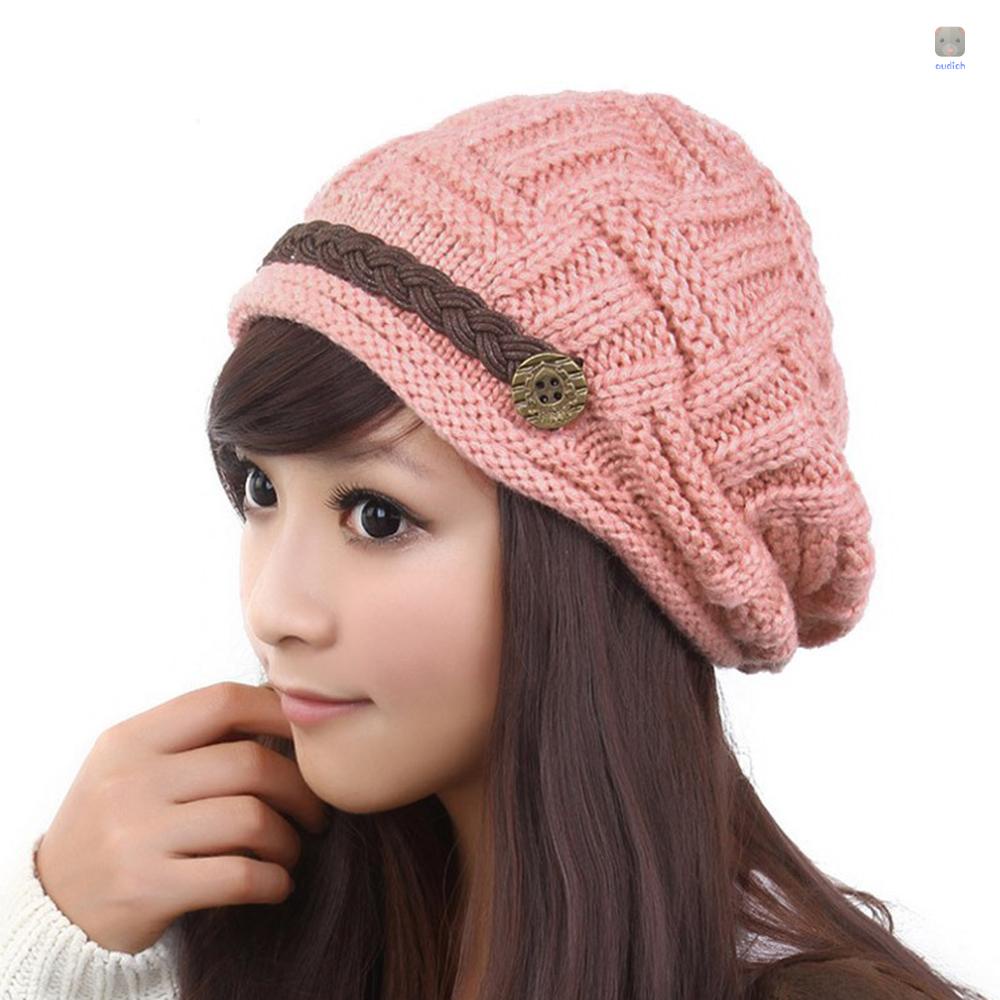 Mũ Len Beanie Dệt Kim Họa Tiết Kẻ Sọc Có Dây Thắt Lưng Bằng Da Thời Trang Mùa Đông Cho Nữ