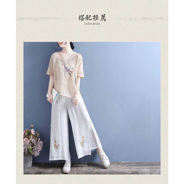 Áo cotton Lanh Mỏng Tay Lửng Dáng Rộng Thêu Họa Tiết Phong Cách Dân Tộc retro