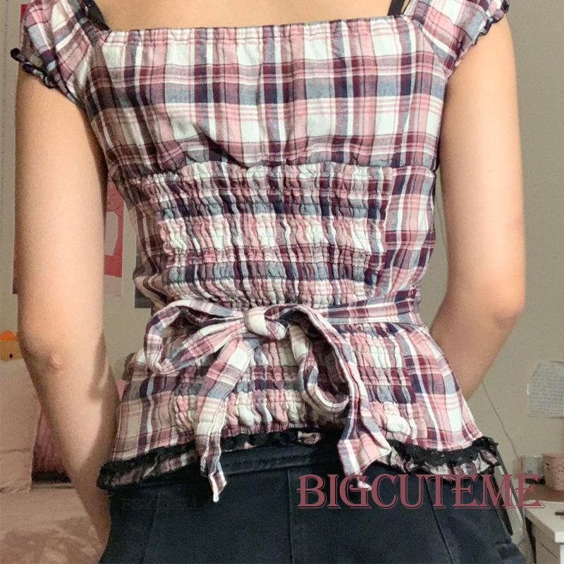 Áo Thun Ngắn Tay Cổ Chữ V Họa Tiết Kẻ Sọc Phối Ren Dáng Ôm Thời Trang Cho Nữ