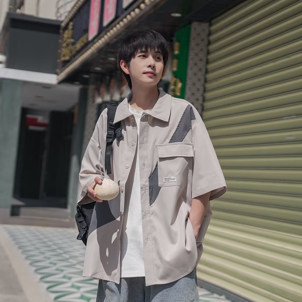 Áo Sơ Mi Tay Ngắn Màu Sắc Tương Phản Phong Cách Nhật Bản Thời Trang Mùa Hè Cho Nam