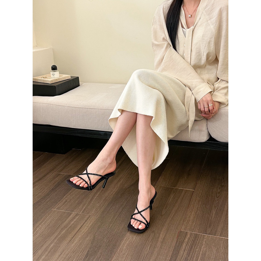 Giày Cao Gót Đính Đá Kim Cương Giả Màu Bạc Quyến Rũ Thời Trang Mùa Hè Cho Nữ