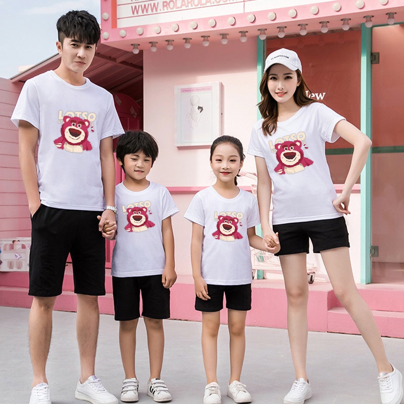 Áo Thun cotton Tay Ngắn In Hình Gấu Và Dâu Tây Dễ Thương Cho Mẹ Và Bé