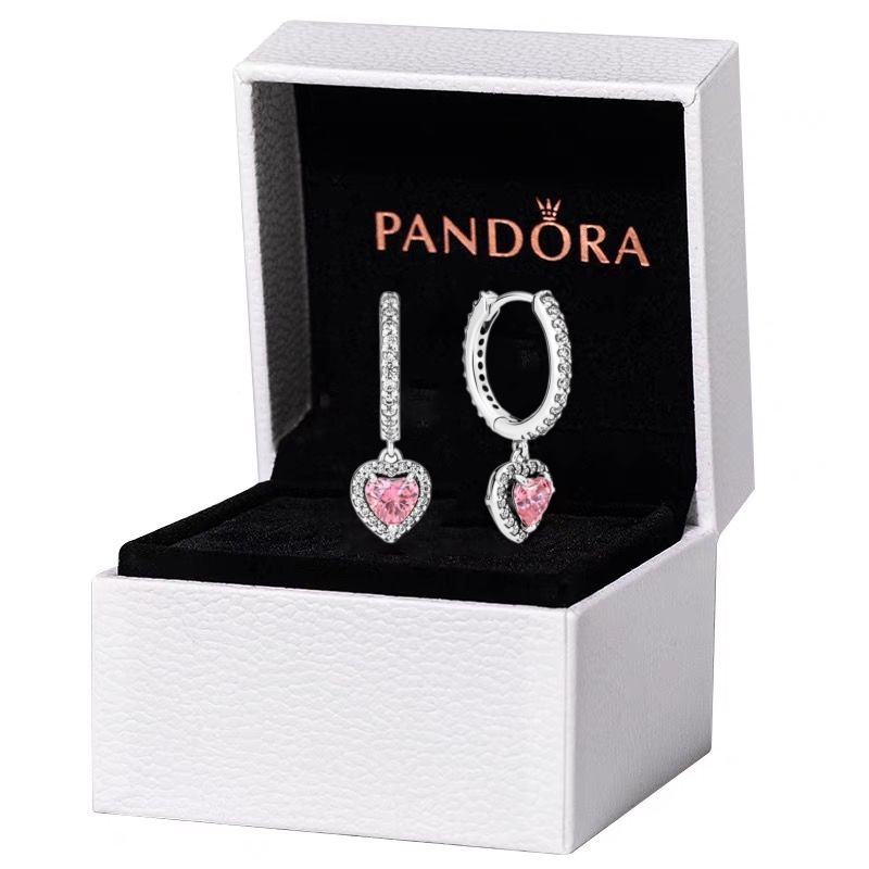 PANDORA Đôi Bông Tai Mạ Bạc 925 Nạm Đá Hình Trái Tim Nạm Đá