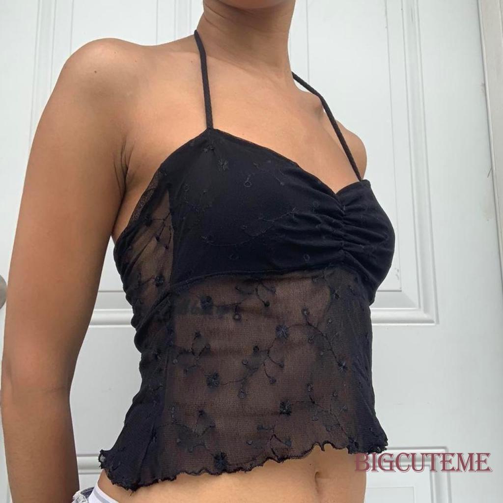 Áo Hai Dây Phối Ren Xuyên Thấu Màu Đen Thời Trang Mùa Hè Cho Nữ