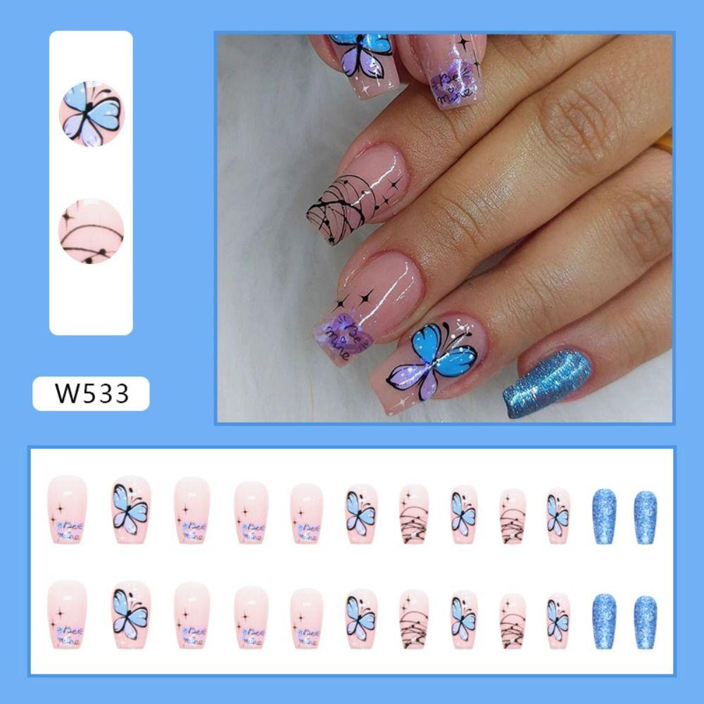 Set 1 / 24 Móng Tay Giả Hình Bướm Có Thể Tháo Rời DIY