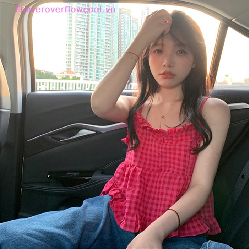 Áo Hai Dây Y2k Nhún Bèo Họa Tiết Sọc Caro Ngọt Ngào Thời Trang Đường Phố Cho Nữ