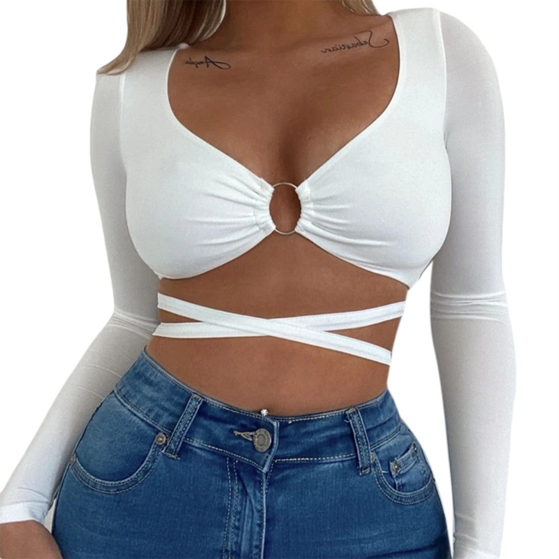 Áo Croptop Cổ Chữ V Thiết Kế Dây Đan Chéo Sau Lưng Thời Trang Quyến Rũ Cho Nữ