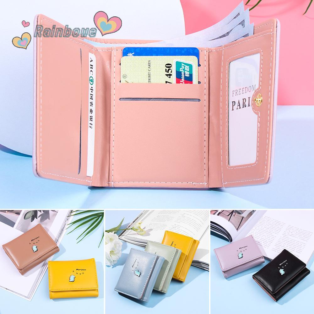 Ví Đựng Thẻ Bằng Da PU Cao Cấp Họa Tiết Khủng Long Nhỏ Màu Cầu Vồng Đáng Yêu Có Thể Gấp Gọn