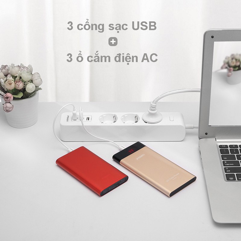 Ổ cắm điện Pisen 303-EP, 3 cổng sạc AC, 3 cổng sạc USB, bảo hành 18 tháng - Hàng chính hãng