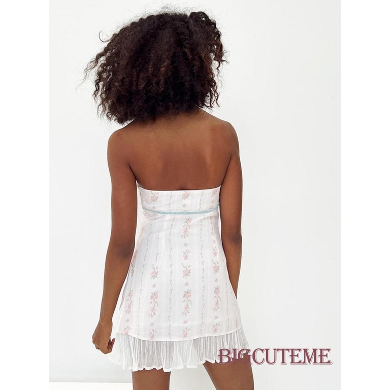 [] - Đầm Mini Y2K Hở Vai Viền Bèo Nhún In Hoa Kiểu Pháp Cổ Điển Dễ Thương